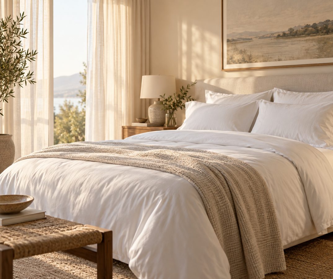 A neatly made bed with white sheets and pillowcases
