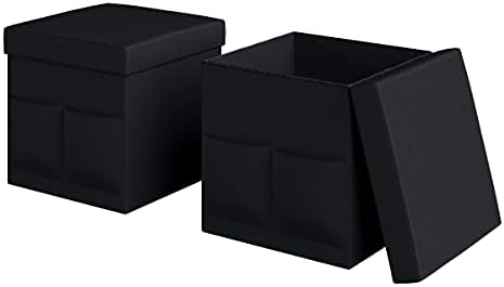 Set of 2 Ottomans with Storage Pockets - 15-Inch Folding Foot Rests or Storage Organizers for Bedroom, Living Room, or Dorm by Lavish Home (Black) - Image 5