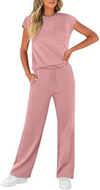WIHOLL 2 Piece Sets for Women Casual Summer Travel Vacation Outfits Cap Sleeve Lounge Set - Image 3