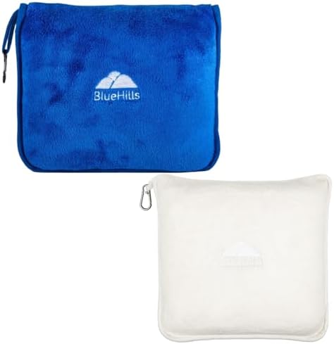 BlueHills Travel Blanket Pillows for Two Airplane Traveling Essentials Flight Throws in Bag case with Backpack Clip Compact Large Plane Accessories – Royal Blue and Ivory White by BlueHills
