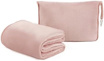 ShezPretty Premium 2in1 Soft Travel Blanket Pillow with Airline Hand Luggage Sleeve and Backpack Clip Airplane (Light Pink) by ShezPretty