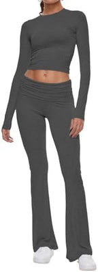 AnotherChill Women's Long Sleeve Top Foldover Flare Pants Lounge Set by AnotherChill