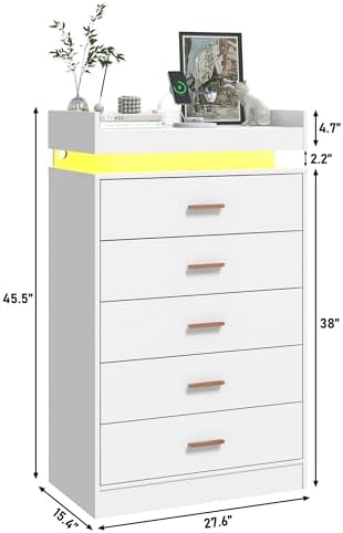 jiteentarou 5 Drawer Dresser with Charging Station and LED Lights, Modern Chest of Drawers with Power Outlet, Organizer Cabinet for Bedroom, Living Room, Entryway, White - Image 2