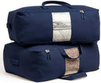 Soft Canvas Storage Bags with Zipper. Thick Breathable, 2pc King/Queen Comforter Organizer. Four Carrying Handles and Window. Large 25x19x9in Bag for Sheets Blankets Bedding Pillows, Clothes (Blue) by VeraMia
