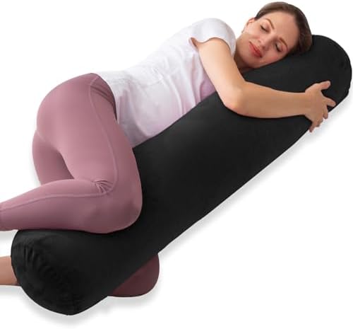 1 MIDDLE ONE Round Body Pillow for Adults, Long Bolster Pillow for Bed with Removable Velvet Cover, Decorative Tube Roll Cylinder Pillow, 47 x 7.87 Inch, Black by 1MIDDLEONE