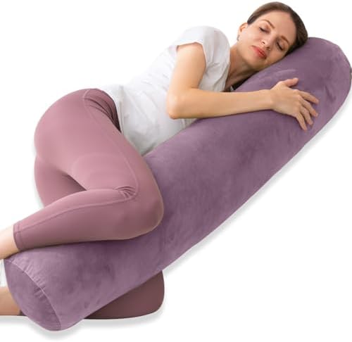 1 MIDDLE ONE Bolster Pillow for Bed, Long Round Body Pillow for Adults with Removable Velvet Cover, Decorative Tube Roll Cylinder Pillow, 47 x 7.87 Inch, Purple by 1MIDDLEONE