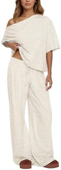 Ythomm Striped Pajama Sets Womens Two Piece Lounge Outfits Short Sleeve Off Shoulder Shirts Drawstring Pants Matching Pj Sets by Ythomm
