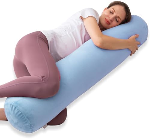 1 MIDDLE ONE Bolster Pillow for Bed, Long Round Body Pillow for Adults with Removable Velvet Cover, Decorative Tube Roll Cylinder Pillow, 47 x 7.87 Inch, Light Blue by 1MIDDLEONE