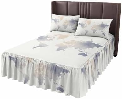 Ruffle Bed Skirt Queen, Soft Watercolor World Map Soft Microfiber Fitted Bedding Sheet Bedskirt 18 Inch Drop, Minimalist Travel Art Print Elastic Wrap Around Bed Skirt Pillowcases Set - Image 2