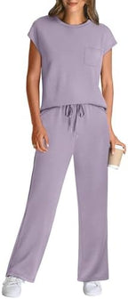 WIHOLL 2 Piece Sets for Women Casual Summer Travel Vacation Outfits Cap Sleeve Lounge Set - Image 2