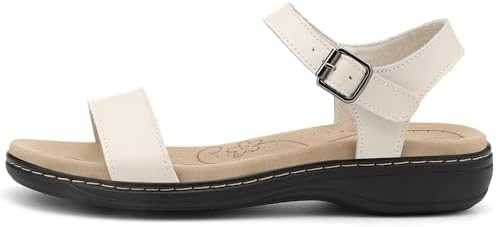 Women's Classic Flat Sandals Leather Open Toes Memory Foam One Band Ankle Strap Adjustable Slip On Shoes - Image 2