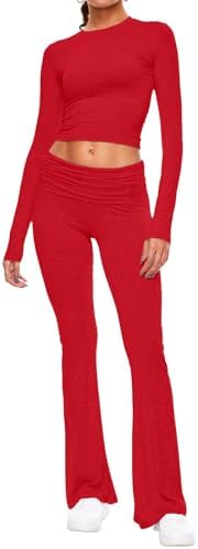 AnotherChill Women's Long Sleeve Top Foldover Flare Pants Lounge Set by AnotherChill