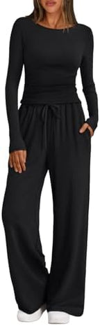 Trendy Queen Women's 2 Piece Matching Lounge Set Boat Neck Slim Fitted Top Wide Leg Pants Casual Tracksuits by TrendyQueen