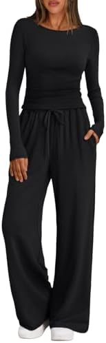 Trendy Queen Women's 2 Piece Matching Lounge Set Boat Neck Slim Fitted Top Wide Leg Pants Casual Tracksuits by TrendyQueen