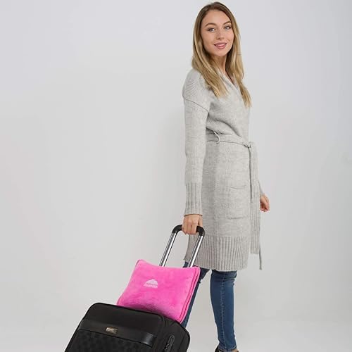 BlueHills Premium Soft Travel Blanket Pillow Value Pack Set of 2 Airplane Flight Blanket Throw in Carry Case with Luggage Belt & Backpack Clip, Travel Must Haves for Frequent Flyers, Pink & Beige - Image 6