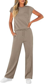 WIHOLL 2 Piece Sets for Women Casual Summer Travel Vacation Outfits Cap Sleeve Lounge Set - Image 3