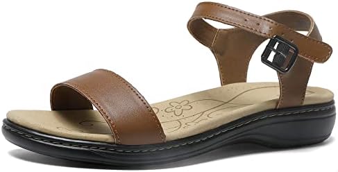 Women's Classic Flat Sandals Leather Open Toes Memory Foam One Band Ankle Strap Adjustable Slip On Shoes - Image 7