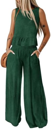 Dokotoo Womens 2 Piece Outfits Tank Tops Elastic Waist Wide Leg Pants Sets by Dokotoo