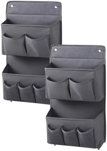 2 Pcs Wall Hanging Organizer with 4 Hooks, Oxford Fabric Over the Door Organizer with Mesh Pockets, Space Saving Storage Bag for Bedside Dormitory Bedroom, Books and Electronics, Grey by Unknown
