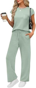 WIHOLL 2 Piece Sets for Women Casual Summer Travel Vacation Outfits Cap Sleeve Lounge Set by WIHOLL