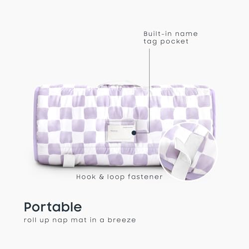 Wake In Cloud - Toddler Nap Mat with Pillow and Minky Fleece Blanket, for Kids Boys Girls Ages 3 Plus in Daycare Preschool, Roll Up Sleeping Bag, Gingham Grid Checkered, Purple White, Standard - Image 3