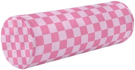 Checkered Pink Neck Roll Pillow Bolster Round Health Memory Foam Long Cervical Cylinder Pillows with Removable Washable Cover for Body Bed Legs Back Yoga by QwThum