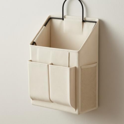 Wall-Mounted Hanging Storage Organizer Space-Saving Hanging Storage Organizer with Metal Hook Bedside Pocket for Bunk Beds, Cream - Image 3