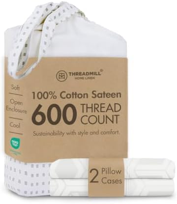 Threadmill Home Linen Standard Pillowcases - 100% Natural Cotton 600 Thread Count, 2 Piece Jacquard Damask Pillow Cover Set, Breathable ELS Combed Cotton, Hotel Quality White Pillow Protectors by ThreadmillHomeLinen