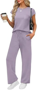 WIHOLL 2 Piece Sets for Women Casual Summer Travel Vacation Outfits Cap Sleeve Lounge Set by WIHOLL