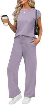 WIHOLL 2 Piece Sets for Women Casual Summer Travel Vacation Outfits Cap Sleeve Lounge Set by WIHOLL