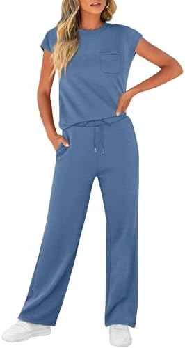WIHOLL 2 Piece Sets for Women Casual Summer Travel Vacation Outfits Cap Sleeve Lounge Set - Image 3