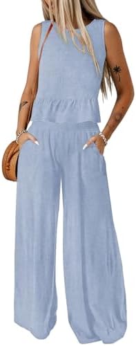 Dokotoo Womens 2 Piece Outfits Tank Tops Elastic Waist Wide Leg Pants Sets by Dokotoo