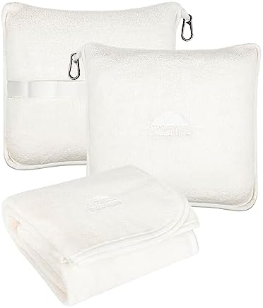 BlueHills Travel Blanket Pillows for Two Airplane Traveling Essentials Flight Throws in Bag case with Backpack Clip Compact Large Plane Accessories – Gray and Ivory White - Image 3
