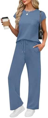 WIHOLL 2 Piece Sets for Women Casual Summer Travel Vacation Outfits Cap Sleeve Lounge Set by WIHOLL