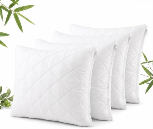 Waterproof Pillow Protector, Bamboo Quilted Zipper Cover, Queen (Pack of 4) by SOLOSHINE