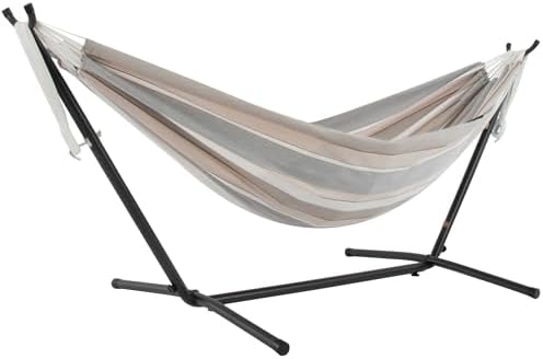 Vivere Double Sunbrella Hammock with Space-Saving Steel Stand, Heavy-Duty Portable Outdoor Hammock Set for Backyard, Patio, or Travel, Dove by Vivere