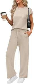 WIHOLL 2 Piece Sets for Women Casual Summer Travel Vacation Outfits Cap Sleeve Lounge Set by WIHOLL
