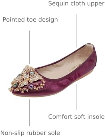 VYKF Womens Ballet Flats Foldable Rhinestone Pointed Toe Wedding Shoes Comfortable Slip on Flat Shoe - Image 3