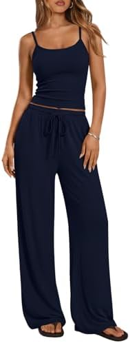 Trendy Queen Womens 2 Piece Lounge Set Summer Camisole Top & Wide Leg Pants by TrendyQueen
