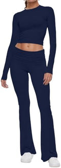 AnotherChill Women's Long Sleeve Top Foldover Flare Pants Lounge Set by AnotherChill
