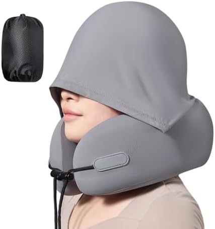 Travel Neck Pillow with Privacy Hoodie Memory Foam 360° Neck & Chin Support Portable with Carry Bag Airplane Sleeping Pillow for Comfort (Grey) by FANPOIBeauty