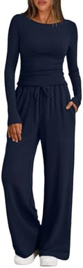 Trendy Queen Women's 2 Piece Matching Lounge Set Boat Neck Slim Fitted Top Wide Leg Pants Casual Tracksuits by TrendyQueen