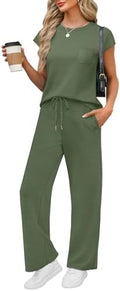 WIHOLL 2 Piece Sets for Women Casual Summer Travel Vacation Outfits Cap Sleeve Lounge Set by WIHOLL