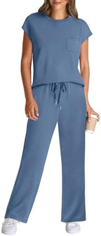 WIHOLL 2 Piece Sets for Women Casual Summer Travel Vacation Outfits Cap Sleeve Lounge Set - Image 2