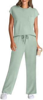 WIHOLL 2 Piece Sets for Women Casual Summer Travel Vacation Outfits Cap Sleeve Lounge Set - Image 2