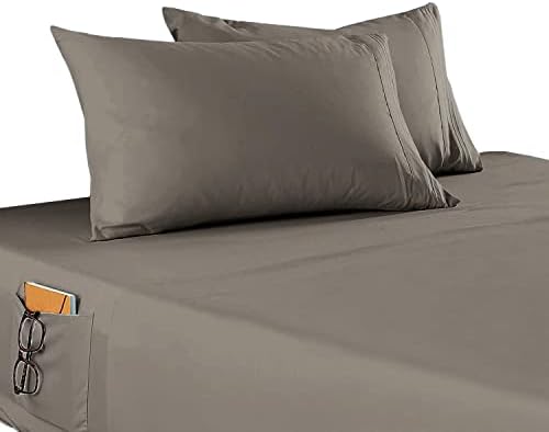 Elegant Comfort 4-Piece Solid Smart Sheet Set-Deep Pocket Fitted Sheet with Side Storage Pockets-Silky Soft 1500 Thread Count Egyptian Quality Microfiber, Wrinkle and Fade Resistant, King, Gray by ELEGANTCOMFORT
