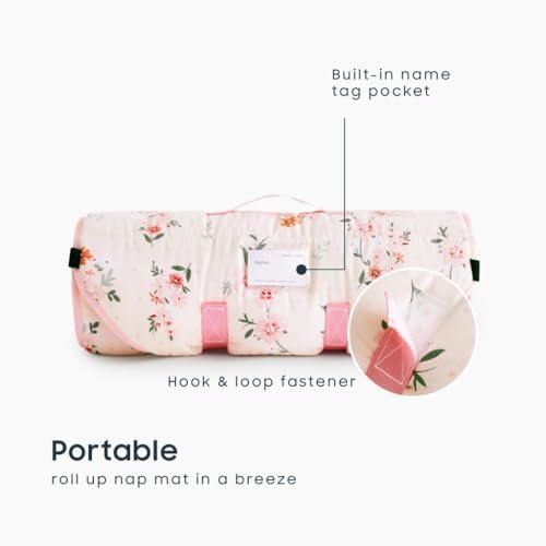 Wake In Cloud - Cot Nap Mat with Pillow and Blanket, 100% Cotton Fabric, for Toddler Kids Girls Ages 3 Plus in Daycare Kindergarten Preschool with Elastic Corner Straps, Floral Flowers - Image 3