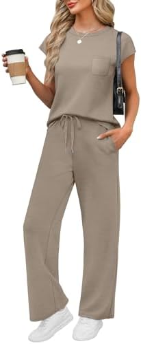 WIHOLL 2 Piece Sets for Women Casual Summer Travel Vacation Outfits Cap Sleeve Lounge Set by WIHOLL