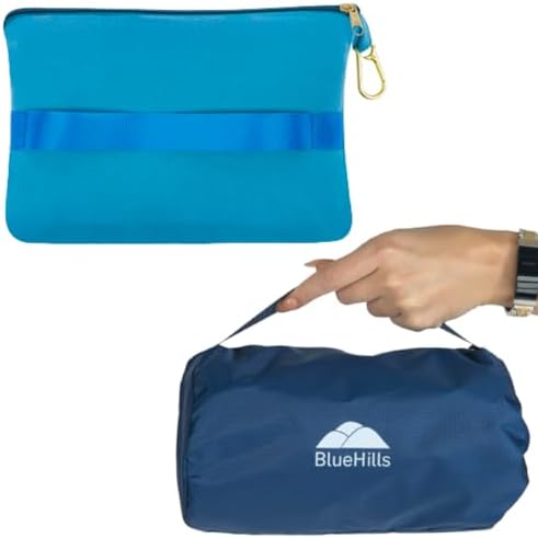 BlueHills Lightweight and Ultra Compact Travel Blanket Pillows for Two Airplane Traveling Essentials Flight Throws in Bag case with Backpack Clip Compact Large Plane – Teal Blue and Navy Blue by BlueHills
