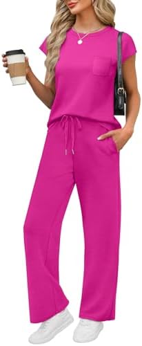 WIHOLL 2 Piece Sets for Women Casual Summer Travel Vacation Outfits Cap Sleeve Lounge Set by WIHOLL